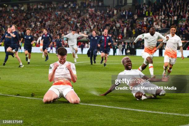 Declan Rice of West Ham United celebrates with team mates after his sides victory in the UEFA Europa Conference League 2022/23 final match between...