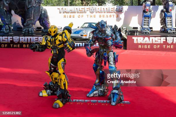 Robots pose on the red carpet during the European Premiere of 'Transformers: Rise Of The Beasts' at Cineworld Leicester Square in London, United...