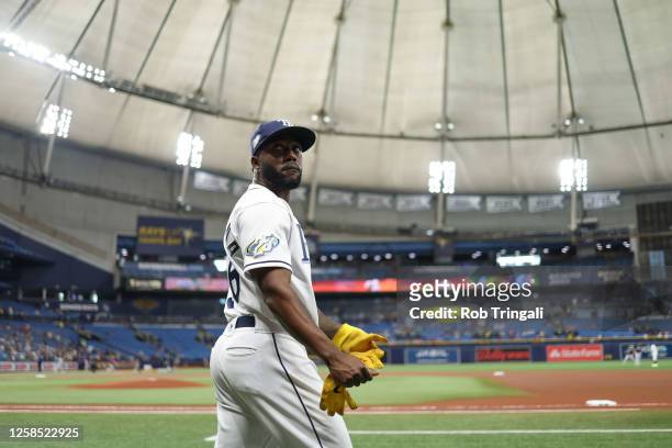 Randy Arozarena of the Tampa Bay Rays takes the field prior to the game between the Minnesota Twins and the Tampa Bay Rays at Tropicana Field on...