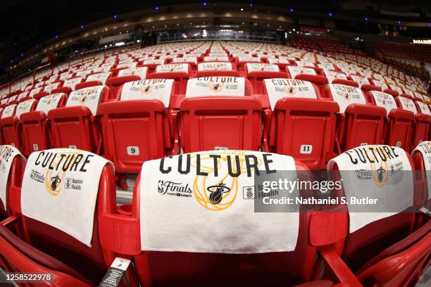 Shirts laid out for fans before Game Three of the 2023 NBA Finals between the Denver Nuggets and the Miami Heat on June 7, 2023 at Kaseya Center in...