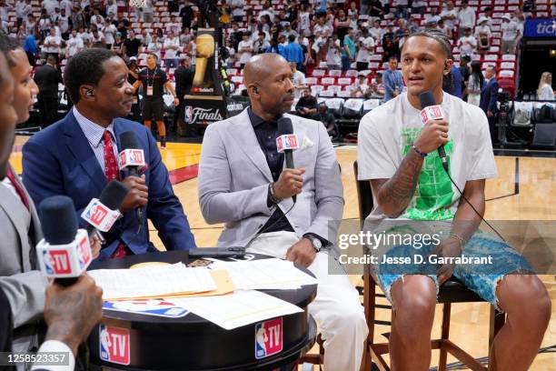 Paolo Banchero of the Orlando Magic is interviewed before Game Three of the 2023 NBA Finals between the Denver Nuggets and Miami Heat on June 7, 2023...