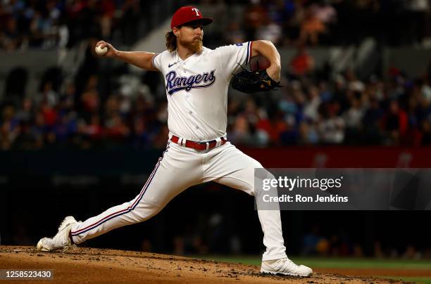 Jon Gray of the Texas Rangers pitches in the second inning against the St. Louis Cardinals at Globe Life Field on June 7, 2023 in Arlington, Texas.
