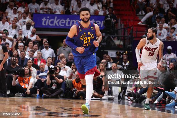 Jamal Murray of the Denver Nuggets smiles during Game Three of the 2023 NBA Finals against the Miami Heat on June 7, 2023 at Kaseya Center in Miami,...