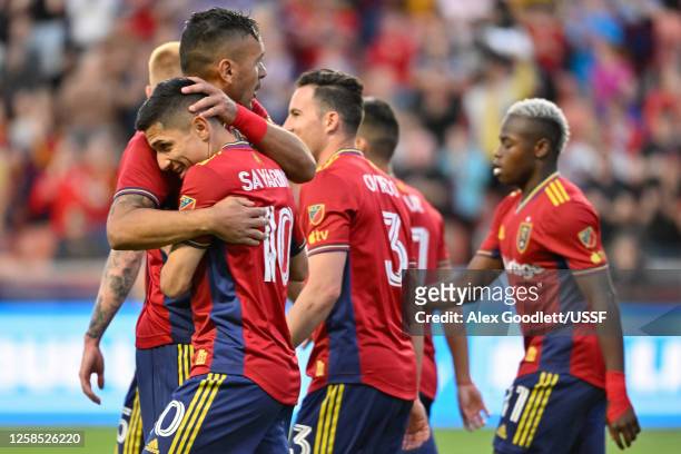 Jefferson Savarino of Real Salt Lake celebrates a goal during a 2023 U.S. Open Cup quarterfinal game against the Los Angeles Galaxy at America First...