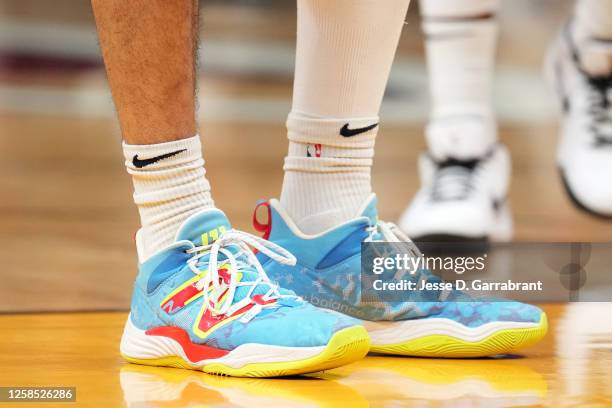 The sneakers worn by Jamal Murray of the Denver Nuggets during Game Three of the 2023 NBA Finals on June 7, 2023 at Kaseya Center in Miami, Florida....