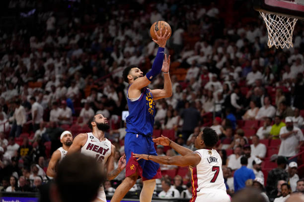 Jamal Murray of the Denver Nuggets drives to the basket during the game against the Miami Heat during Game Three of the 2023 NBA Finals on June 7,...