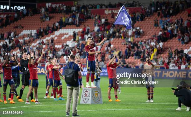 Damir Kreilach of Real Salt Lake celebrates their win over the Los Angeles Galaxy in the quarterfinals of the 2023 U.S. Open Cup at America First...