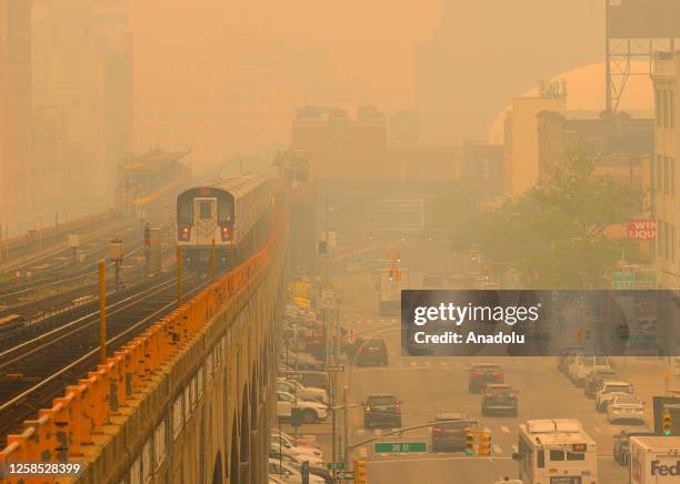 View of the hazy city during bad air quality as smoke of Canadian wildfires brought in by wind in New York, United States on June 7, 2023. New York...