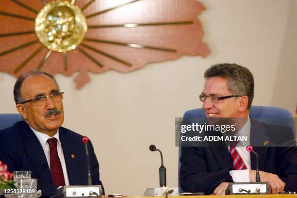 German Interior Minister Thomas de Maiziere gives a press conference with his Turkish counterpart Besir Atalay in Ankara on September 24, 2010. AFP...