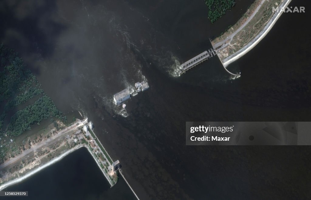 NOVA KAKHOVKA DAM, UKRAINE -- JUNE 7, 2023: 02 Maxar satellite imagery of the before/after close-up views of Nova Kakhovka dam and hydroelectric power facility. Please use: Satellite image (c) 2023 Maxar Technologies.