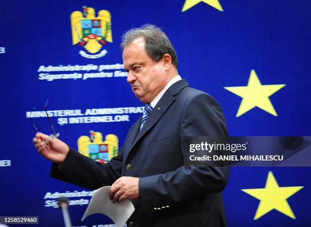 Romanian Interior Minister Vasile Blaga arrives on September 27, 2010 at a press conference to announce his resignation at the Interior Ministry in...