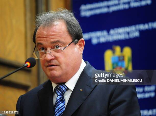 Romanian Interior Minister Vasile Blaga gives a press conference on September 27, 2010 to announce his resignation at the Interior Ministry in...