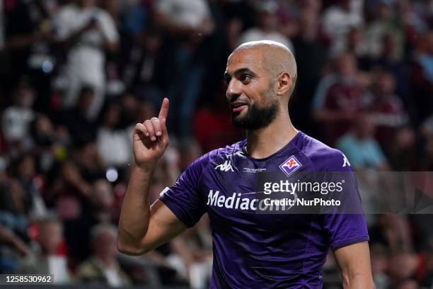 Sofyan Amrabat of ACF Fiorentina gestures during the UEFA Conference League final match between ACF Fiorentina and West Ham United at Eden Arena,...