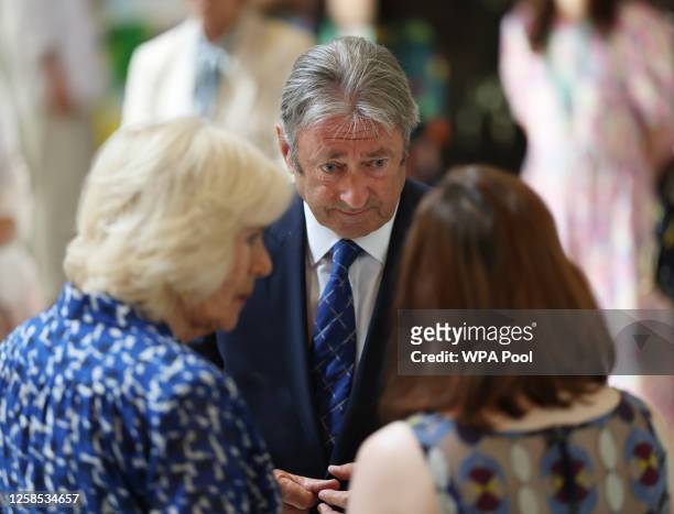 Queen Camilla visits the Garden Museum, with Alan Titchmarsh, to open the annual British Flowers Week, at The Garden Museum on June 8, 2023 in...