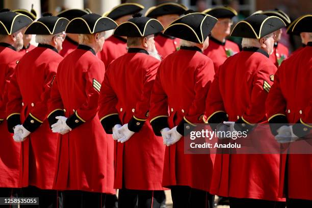 Chelsea Pensioners attend the parade on Founders Day at the Royal Hospital Chelsea on June 8, 2023 in London, England.