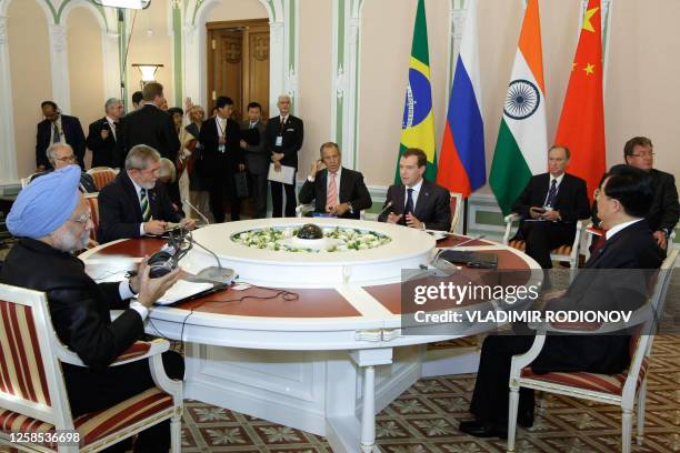 Russian President Dmitry Medvedev speaks during a BRIC leaders meeting in Yekaterinburg on June 16, 2009. Leaders from the world's top emerging...