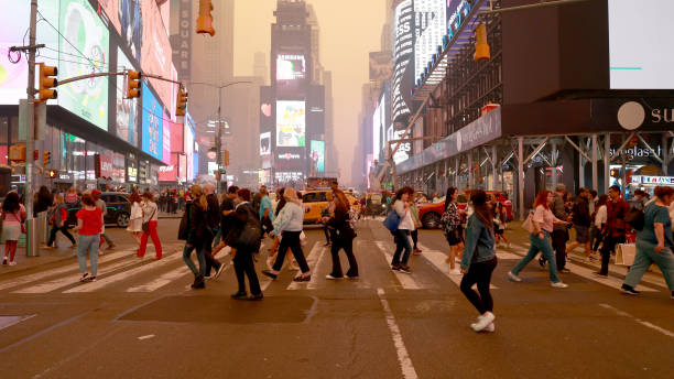 June 07, 2023 - Times Square and Midtown Manhattan buildings are shrouded in smoke from Canadian wildfires Wednesday afternoon. Canadian wildfires...
