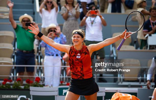 Karolina Muchova of the Czech Republic reacts to defeating Aryna Sabalenka in the semi-final on Day Twelve of Roland Garros on June 08, 2023 in...