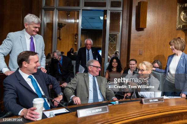 From left, Sen. Chris Murphy, D-Conn., ranking member Bill Cassidy, R-La., Sen. Tim Kaine, D-Va., Chairman Bernie Sanders, I-Vt., background, Sens....