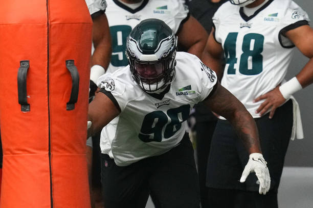 Jalen Carter of the Philadelphia Eagles participates in OTAs at the NovaCare Complex on June 8, 2023 in Philadelphia, Pennsylvania.