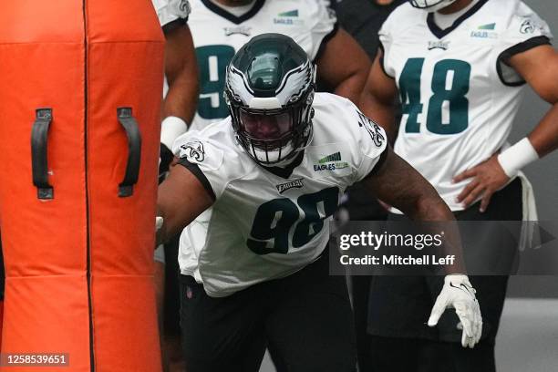 Jalen Carter of the Philadelphia Eagles participates in OTAs at the NovaCare Complex on June 8, 2023 in Philadelphia, Pennsylvania.