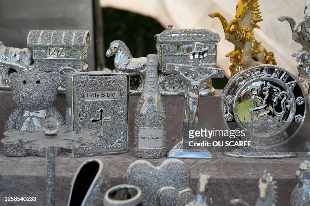 Items are displayed for sale on stallholder's stand on the first day of the annual Appleby Horse Fair, in the town of Appleby-in-Westmorland, north...
