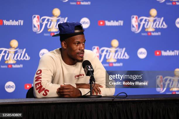 Jimmy Butler of the Miami Heat talks to the media during 2023 NBA Finals Practice and Media Availability on June 8, 2023 at the Kaseya Center in...