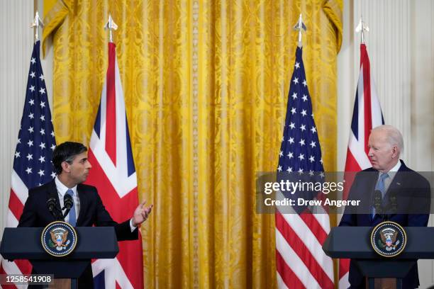 President Joe Biden and Prime Minister of the United Kingdom Rishi Sunak hold a joint press conference in the East Room at the White House on June 8,...