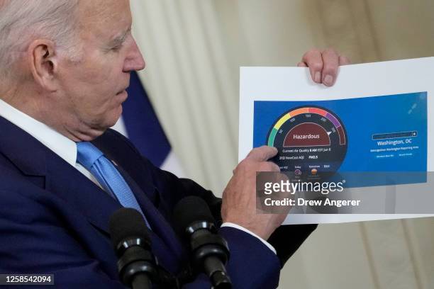 President Joe Biden speaks about the air quality in Washington, DC due to the Canadian wildfires during a joint press conference with Prime Minister...