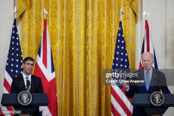 President Joe Biden and Prime Minister of the United Kingdom Rishi Sunak hold a joint press conference in the East Room at the White House on June 8,...