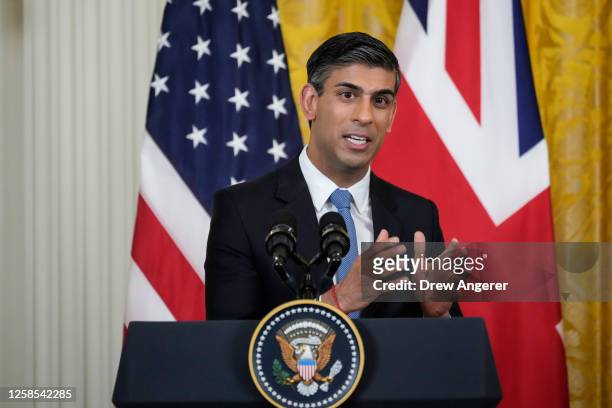 Prime Minister of the United Kingdom Rishi Sunak speaks during a joint press conference with U.S. President Joe Biden in the East Room at the White...