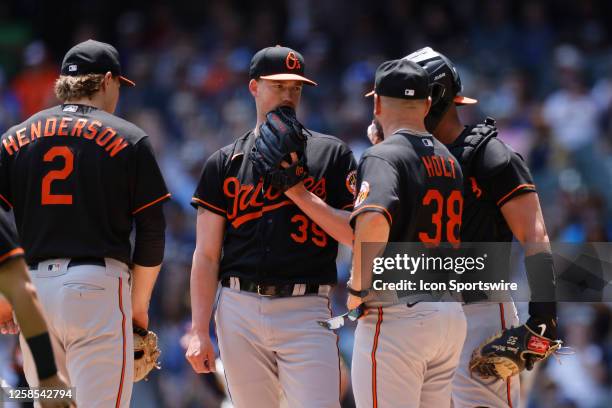 Baltimore Orioles starting pitcher Kyle Bradish talks to pitching coach/director of pitching Chris Holt during an MLB game against the Milwaukee...