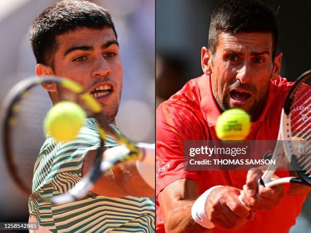 This combination of two file pictures created on June 8 shows Spain's Carlos Alcaraz Garfia playing a forehand return to Japan's Taro Daniel during...