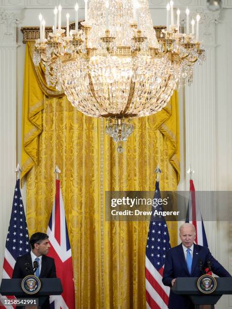 President Joe Biden and Prime Minister of the United Kingdom Rishi Sunak hold a joint press conference in the East Room at the White House on June 8,...