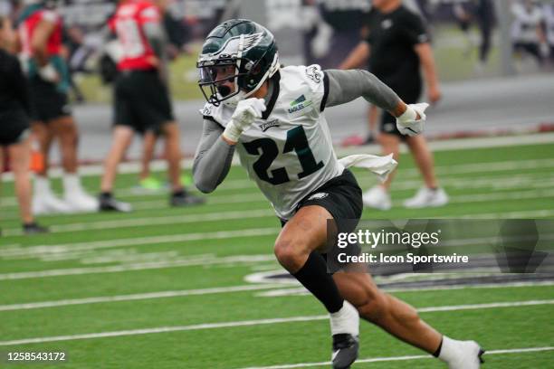 Philadelphia Eagles safety Sydney Brown participates in the Philadelphia Eagles OTA on June 8, 2023 at the NovaCare Complex in Philadelphia, PA.