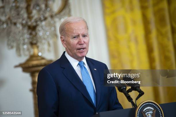 President Joe Biden speaks during a news conference with Rishi Sunak, UK prime minister, not pictured, in the East Room of the White House in...