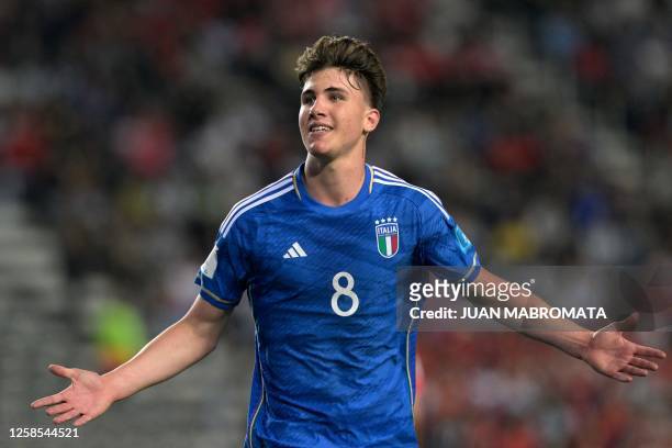 Italy's midfielder Cesare Casadei celebrates after scoring a goal during the Argentina 2023 U-20 World Cup semi-final match between Italy and South...
