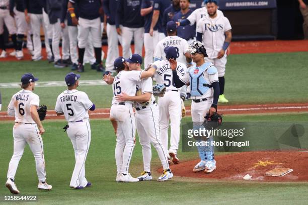 The Tampa Bay Rays celebrate winning the game against the Minnesota Twins at Tropicana Field on Thursday, June 8, 2023 in Tampa, Florida.