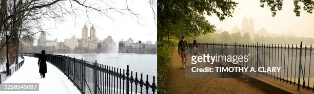 This combination of pictures created on June 08, 2023 shows a woman walking around the Jacqueline Kennedy Onassis Reservoir in Central Park in the...