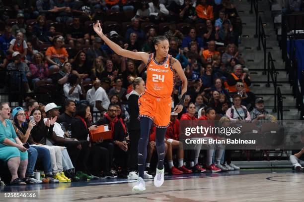 DeWanna Bonner of the Connecticut Sun reacts during the game against the Las Vegas Aces on June 8, 2023 at the Mohegan Sun Arena in Uncasville,...