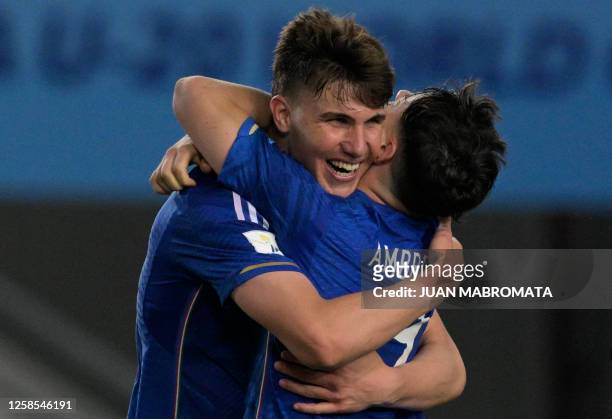 Italy's midfielder Cesare Casadei and forward Giuseppe Ambrosino celebrate after defeating South Korea in the Argentina 2023 U-20 World Cup...