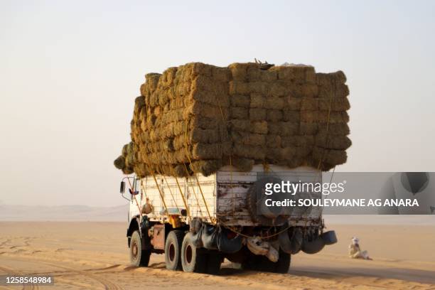 Truck carrying food for humanms and animals crossing the Sahara desert are seen in the area of Djado in Niger, towards the Libyan border, on May 22,...