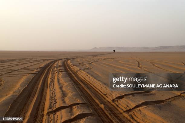 Trails left by truck carrying food for humanms and animals crossing the Sahara desert are seen in the area of Djado in Niger, towards the Libyan...