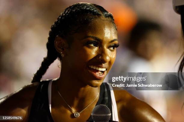 Masai Russel of Kentucky Wildcats talk to media after competing in the women's 400 meter hurdle during the Division I Men's and Women's Outdoor Track...