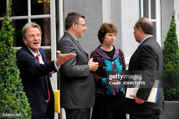 Belgian Foreign minister Steven Vanackere , EU foreign policy chief Catherine Ashton welcome Cyprus Foreign minister Markos Kyprianou and French...