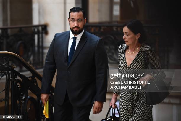 French President's former bodyguard Alexandre Benalla , flanked by his lawyer Jacqueline Laffont , arrives at Palais de Justice in Paris on June 9...