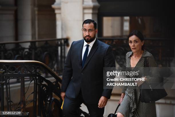 French President's former bodyguard Alexandre Benalla , flanked by his lawyer Jacqueline Laffont , arrives at Palais de Justice in Paris on June 9...