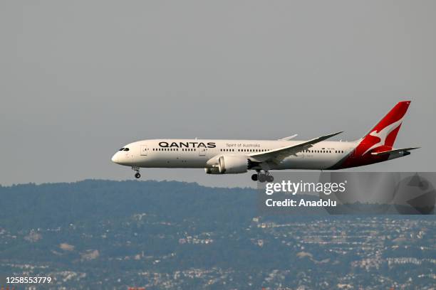 Qantas Airlines plane lands at San Francisco International Airport in San Francisco, California, United States on June 8, 2023.