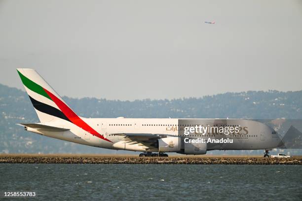 An Emirates Airlines A-380 plane prepares for takeoff at San Francisco International Airport in San Francisco, California, United States on June 8,...