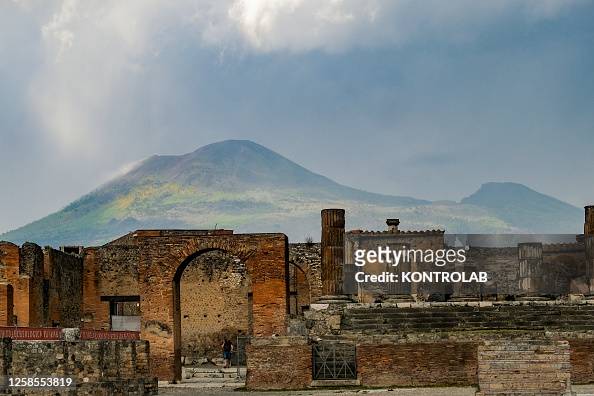 A view of the Archaeological Park of Pompeiiunder the...